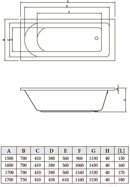Изображение товара Ванна акриловая Bonito Home Elara 160x70 / BH-EL-203-160-70/St (с ножками)