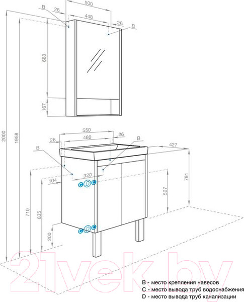 Изображение товара Тумба с умывальником Акватон Сканди Doors 55 1A2788K0SDB20 (белый/дуб верона)