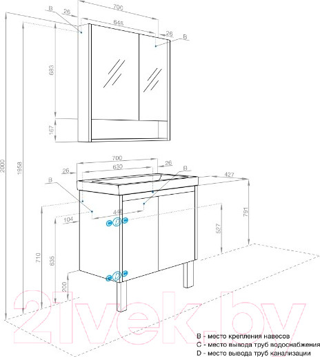 Изображение товара Тумба под умывальник Акватон Сканди Doors 70 / 1A278901SDB20 (белый/дуб верона)