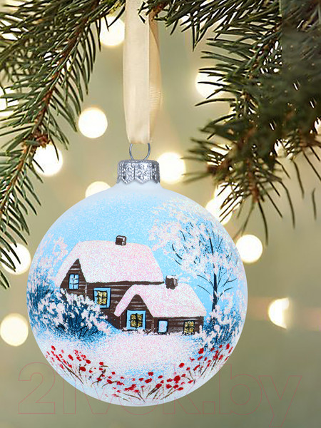 Изображение товара Шар новогодний Декарт Зимний пейзаж 8Ш0087 (10см, белый)