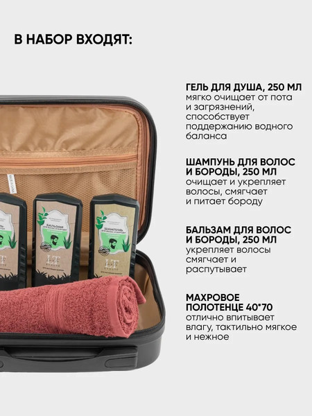 Изображение товара Набор косметики для тела и волос La and Te beaute Гель для душа+Бальзам для волос+Шампунь+Полотенце LT15Bag