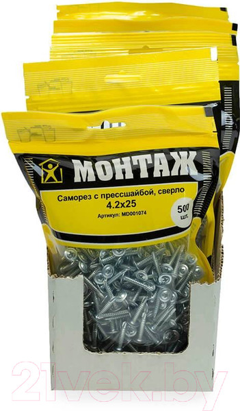Изображение товара Саморез Монтаж С прессшайбой 4.2х25 сверло / MD001074 (500шт, цинк)