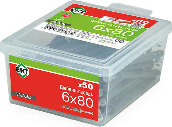 Изображение товара Дюбель-гвоздь ЕКТ Потайной 6x80 / B009583 (50шт, полипропилен)