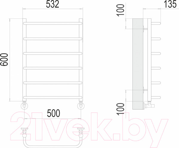 Изображение товара Полотенцесушитель водяной Terminus Стандарт П6 500x600 (боковое подключение 500, RAL 9003)