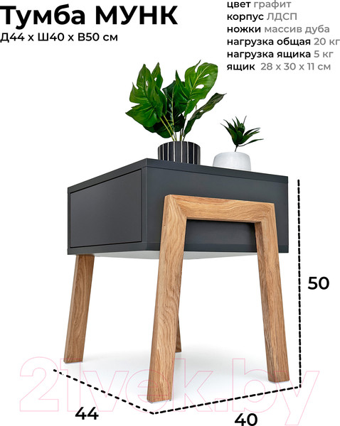 Изображение товара Прикроватная тумба Crafto Мунк 03 44x40x50 (графит)