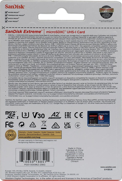 Изображение товара Карта памяти SanDisk microSDXC Extreme UHS-I U3 V30 A2 256GB (SDSQXAV-256G-GN6MN)