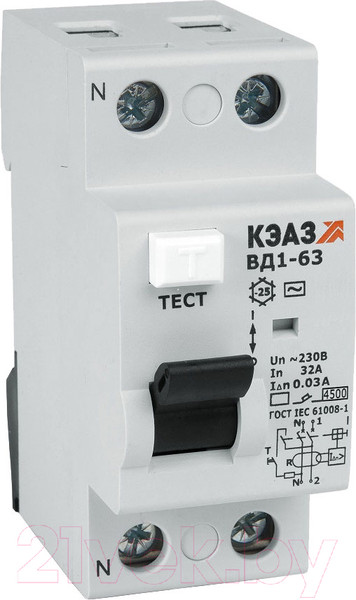 Изображение товара Устройство защитного отключения КЭАЗ ВД1-63-2280-АС-УХЛ4 / 221908