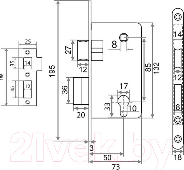 Изображение товара Замок врезной Trodos 85R1 Цилиндровый с защелкой без ручки (бронза)