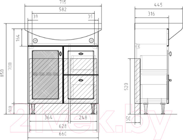 Изображение товара Тумба с умывальником Volna Milena 70.1D.2Y Балтика 70 (напольная)