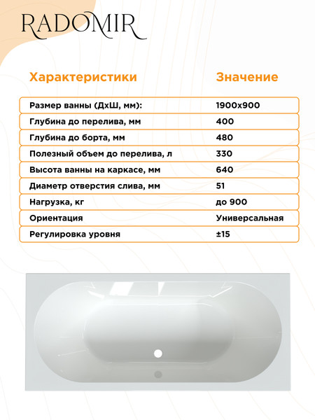 Изображение товара Ванна акриловая Radomir Вальс 190x90 / 1-01-0-0-1-194