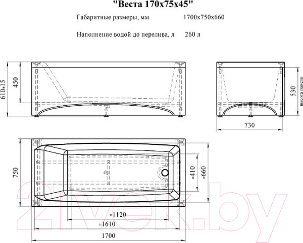 Изображение товара Ванна акриловая Radomir Веста 170х75 / 2-01-0-0-1-255Р