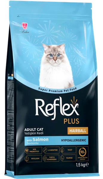 Изображение товара Сухой корм для кошек Reflex Plus Hairball Выведение шерсти с лососем и курицей (1.5кг)