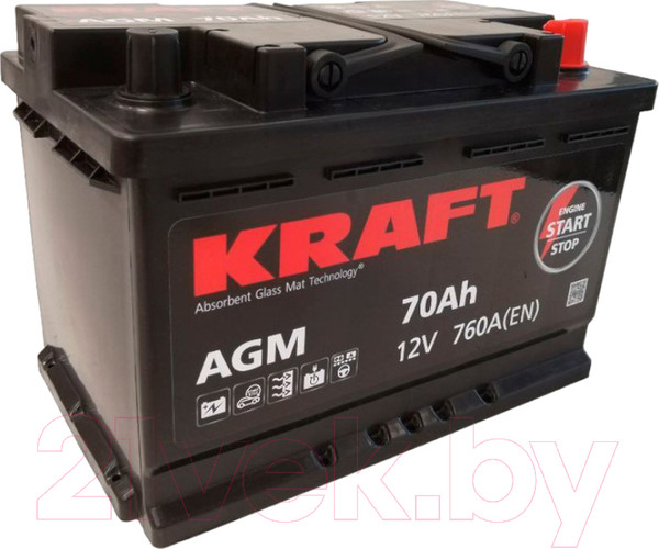Изображение товара Автомобильный аккумулятор KrafT AGM 70 R / AGM-L3 (70 А/ч)