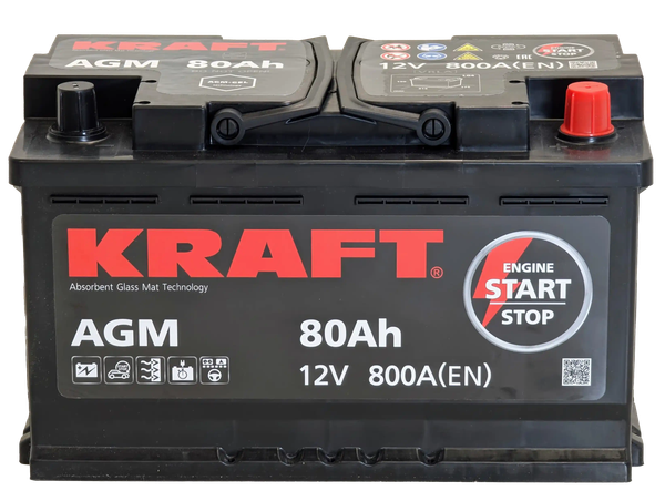 Изображение товара Автомобильный аккумулятор KrafT AGM 80 R / AGM-L4 (80 А/ч)