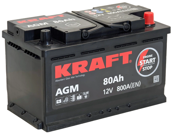 Изображение товара Автомобильный аккумулятор KrafT AGM 80 R / AGM-L4 (80 А/ч)