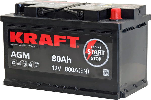 Изображение товара Автомобильный аккумулятор KrafT AGM 80 R / AGM-L4 (80 А/ч)