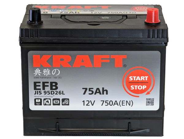 Изображение товара Автомобильный аккумулятор KrafT EFB Asia 75 JR с бортом / EFB-D26 (75 А/ч)
