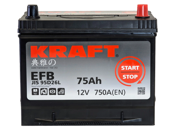 Изображение товара Автомобильный аккумулятор KrafT EFB Asia 75 JR с бортом / EFB-D26 (75 А/ч)