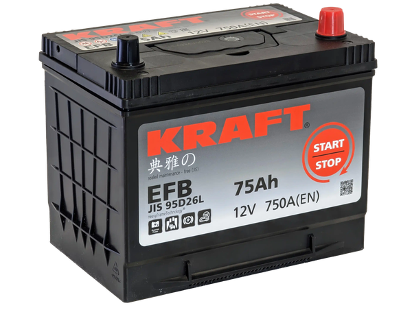 Изображение товара Автомобильный аккумулятор KrafT EFB Asia 75 JR с бортом / EFB-D26 (75 А/ч)
