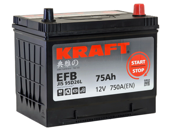 Изображение товара Автомобильный аккумулятор KrafT EFB Asia 75 JR с бортом / EFB-D26 (75 А/ч)