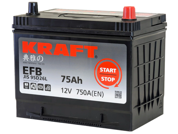 Изображение товара Автомобильный аккумулятор KrafT EFB Asia 75 JR с бортом / EFB-D26 (75 А/ч)