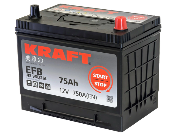 Изображение товара Автомобильный аккумулятор KrafT EFB Asia 75 JR с бортом / EFB-D26 (75 А/ч)