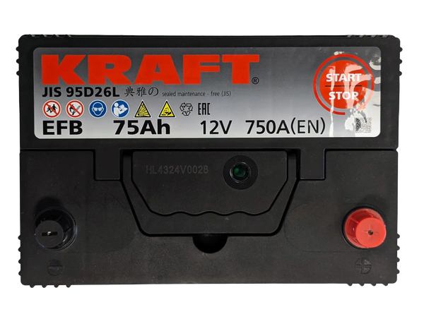 Изображение товара Автомобильный аккумулятор KrafT EFB Asia 75 JR с бортом / EFB-D26 (75 А/ч)