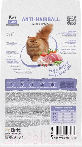 Изображение товара Сухой корм для кошек Brit Care Cat Anti-Hairball с белой рыбой и индейкой / 5066261 (1.5кг)
