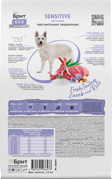 Изображение товара Сухой корм для собак Брит Кеа Dog Adult Sensitive Healthy Digestion с инд. и ягн./5066476 (12кг)