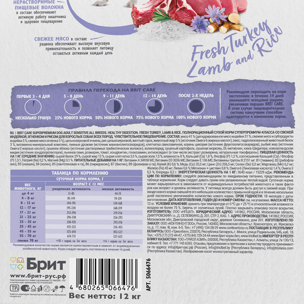 Изображение товара Сухой корм для собак Брит Кеа Dog Adult Sensitive Healthy Digestion с инд. и ягн./5066476 (12кг)