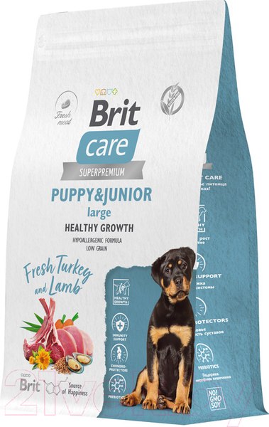 Изображение товара Сухой корм для собак Brit Care Dog Puppy&Junior L Healthy Growth с инд. и ягн. / 5066322 (3кг)