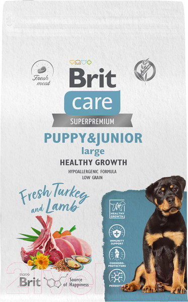 Изображение товара Сухой корм для собак Brit Care Dog Puppy&Junior L Healthy Growth с инд. и ягн. / 5066322 (3кг)