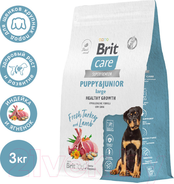 Изображение товара Сухой корм для собак Brit Care Dog Puppy&Junior L Healthy Growth с инд. и ягн. / 5066322 (3кг)