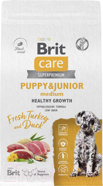 Изображение товара Сухой корм для собак Brit Care Dog Puppy&Junior M Healthy Growth с инд. и уткой / 5066285 (1.5кг)