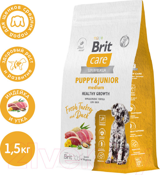 Изображение товара Сухой корм для собак Brit Care Dog Puppy&Junior M Healthy Growth с инд. и уткой / 5066285 (1.5кг)