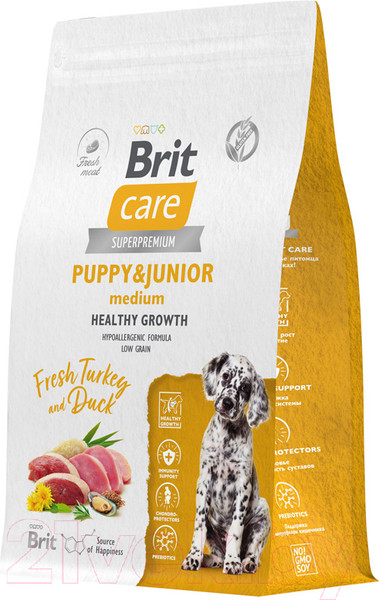 Изображение товара Сухой корм для собак Brit Care Dog Puppy&Junior M Healthy Growth с инд. и уткой / 5066292 (3кг)