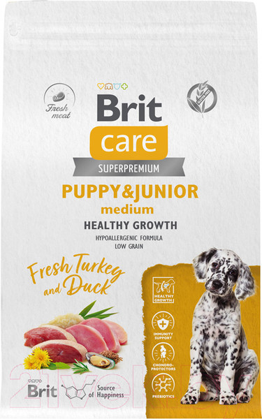Изображение товара Сухой корм для собак Brit Care Dog Puppy&Junior M Healthy Growth с инд. и уткой / 5066292 (3кг)