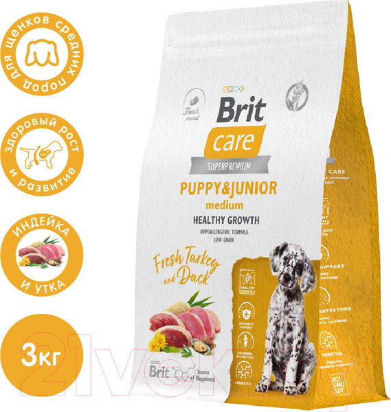 Изображение товара Сухой корм для собак Brit Care Dog Puppy&Junior M Healthy Growth с инд. и уткой / 5066292 (3кг)
