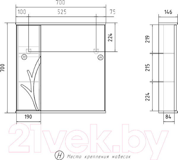 Изображение товара Шкаф с зеркалом для ванной Volna Adel 70 R (белый)