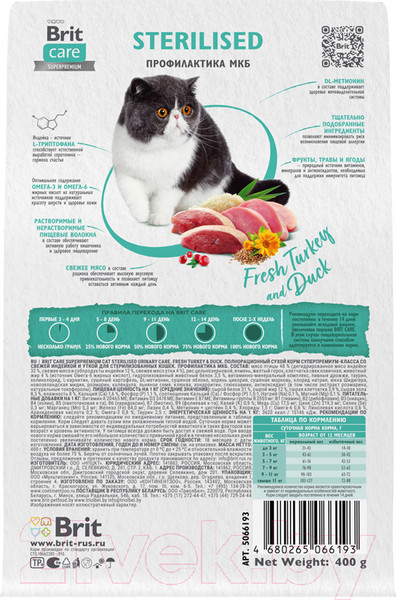 Изображение товара Сухой корм для кошек Brit Care Cat Sterilised Urinary Care с индейкой и уткой / 5066193 (400г)