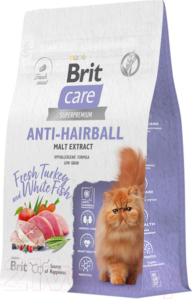 Изображение товара Сухой корм для кошек Brit Care Cat Anti-Hairball с белой рыбой и индейкой / 1067115 (400г)
