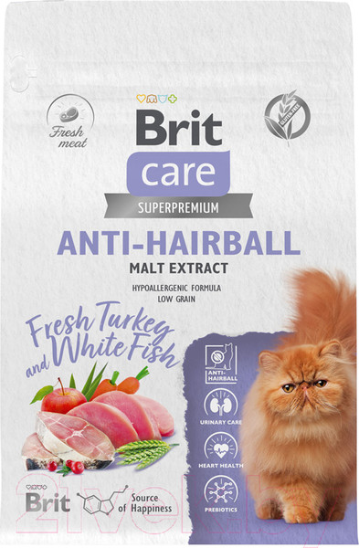 Изображение товара Сухой корм для кошек Brit Care Cat Anti-Hairball с белой рыбой и индейкой / 1067115 (400г)