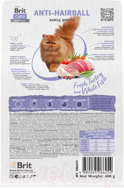 Изображение товара Сухой корм для кошек Brit Care Cat Anti-Hairball с белой рыбой и индейкой / 1067115 (400г)