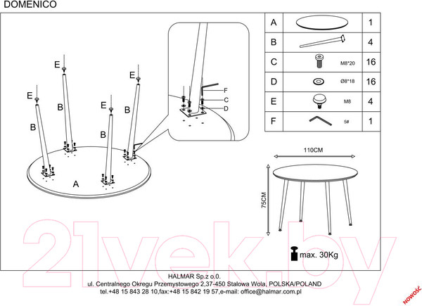 Изображение товара Обеденный стол Halmar Domenico 110x76x72 (орех/золотой)