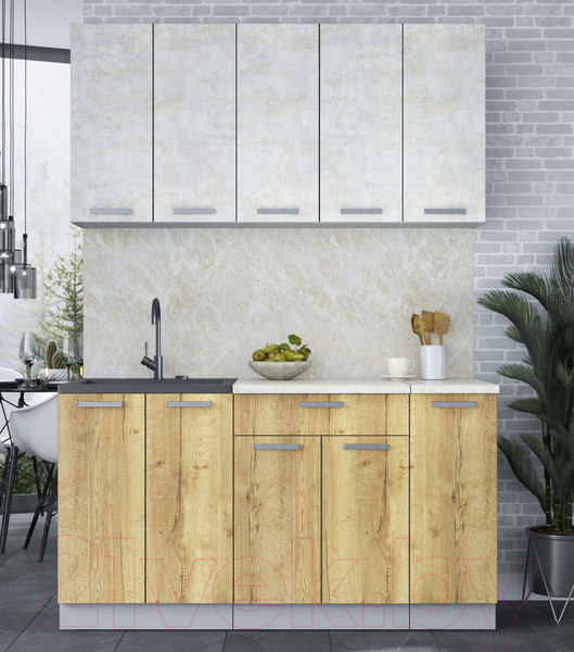 Изображение товара Кухонный гарнитур Интерлиния Мила Лайт 1.5 (бетон лайт/дуб золотой)