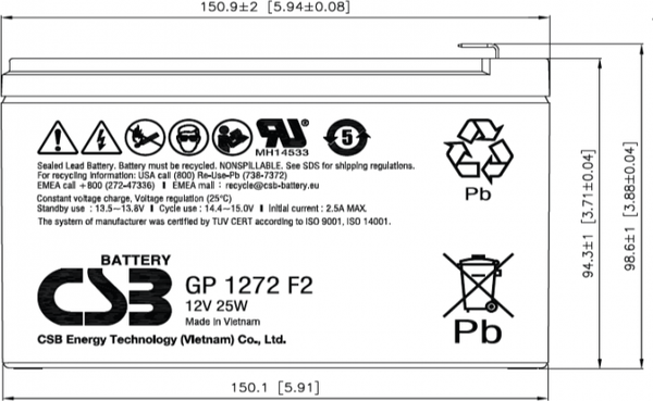 Изображение товара Аккумуляторная батарея CSB GP 1272 F2 25W 12V/7.2Ah