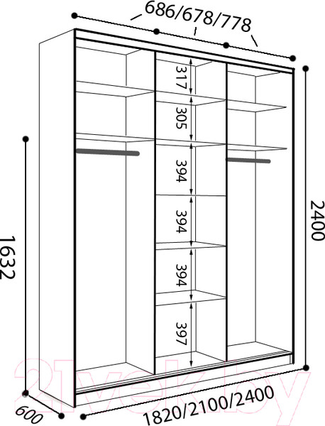 Изображение товара Шкаф-купе Евва 24 TTG.03 / АЭП ШК.3 01 (дуб трюфель/венге глянец)