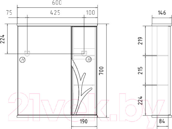 Изображение товара Шкаф с зеркалом для ванной Volna Adel 60 R (белый)