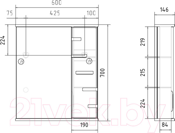 Изображение товара Шкаф с зеркалом для ванной Volna Joli 60 R (белый)