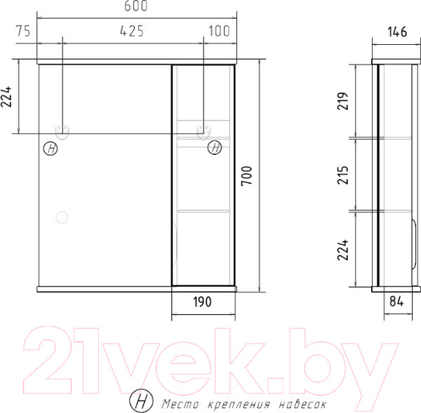 Изображение товара Шкаф с зеркалом для ванной Volna Lake 60 R (белый)